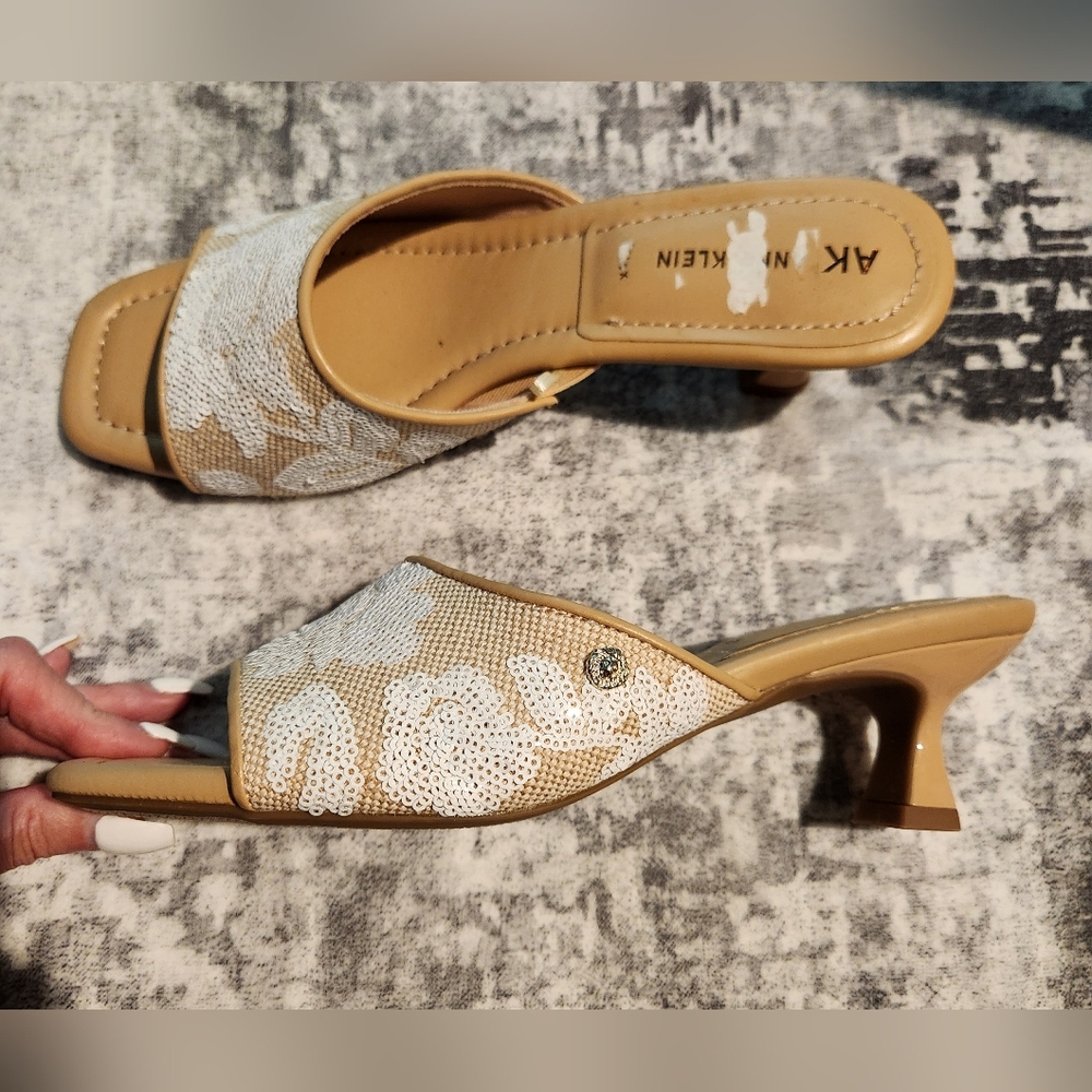 Anne Klein Tan Slide Mules with White Sequin Floral